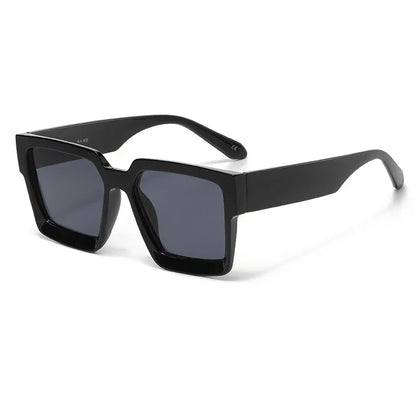 black square frame sunglasses with dark tinted lenses and thick temples on white background