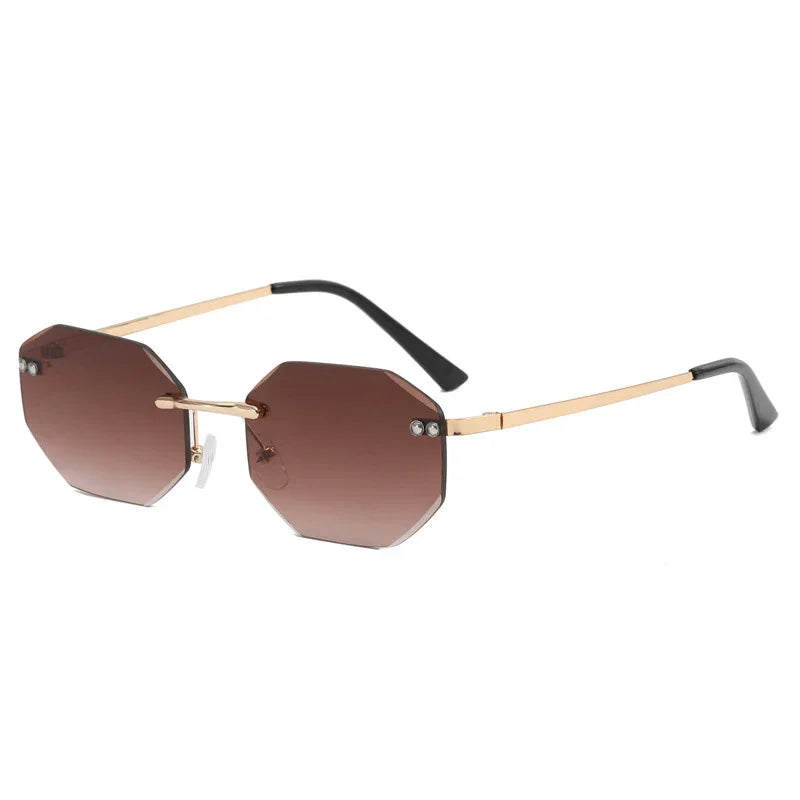 Octagonal rimless brown gradient sunglasses with gold metal temples and black ear tips