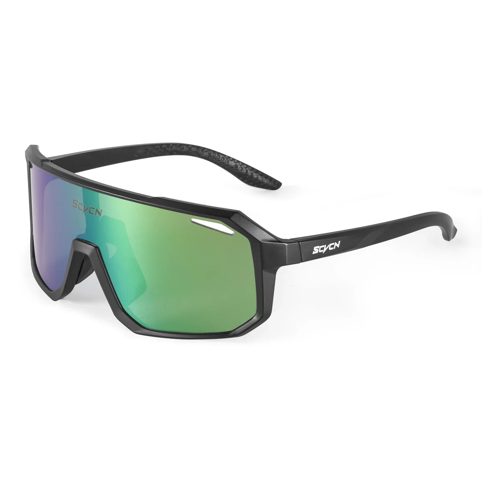 Black sporty sunglasses with large green mirrored wraparound lens and textured temples on white background
