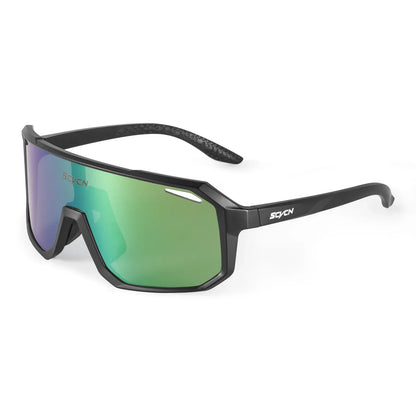 Black sporty sunglasses with large green mirrored wraparound lens and textured temples on white background