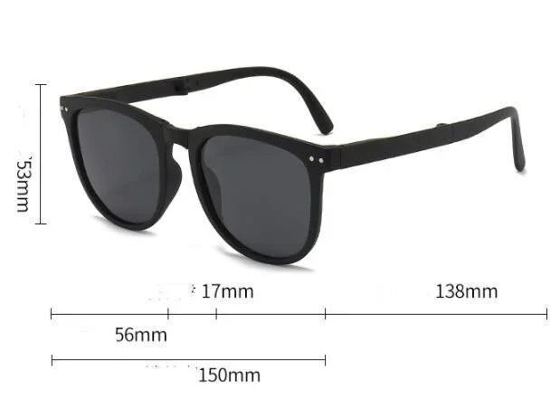 Black rectangular sunglasses with dark lenses shown with detailed size measurements