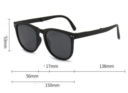 Black rectangular sunglasses with dark lenses shown with detailed size measurements