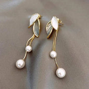 Leaf Shape Pearl Tassel Pendant Long Earrings