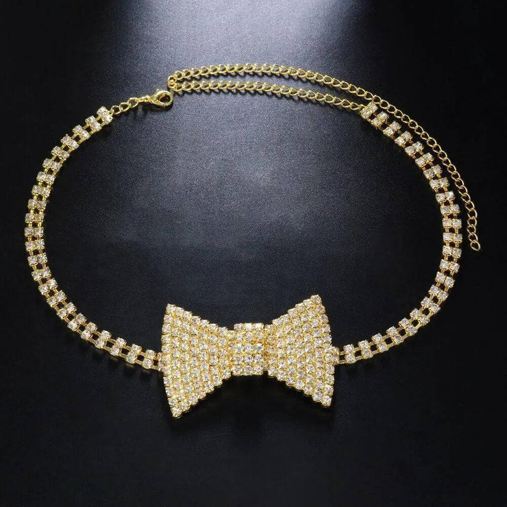 Crystal Bow Tie Choker Chain Iced Out Rhinestone Tennis Necklace