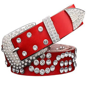 Leather Ladies Belt With Diamond-Studded Cowhide Pin Buckle