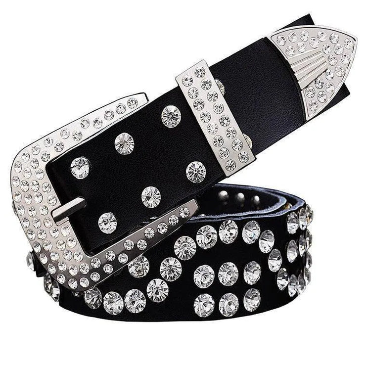 Leather Ladies Belt With Diamond-Studded Cowhide Pin Buckle