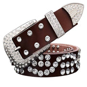 Leather Ladies Belt With Diamond-Studded Cowhide Pin Buckle