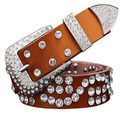 Leather Ladies Belt With Diamond-Studded Cowhide Pin Buckle