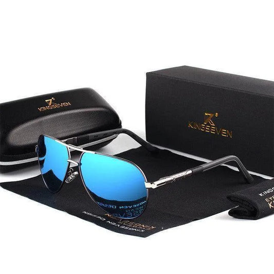 black and silver aviator sunglasses with blue polarized lenses on black cloth with hard case and black box