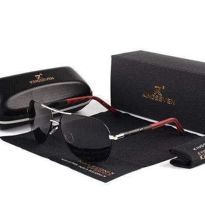 Stylish black and silver polarized sunglasses with dark lenses and red-accented arms, displayed with protective case and cleaning cloth