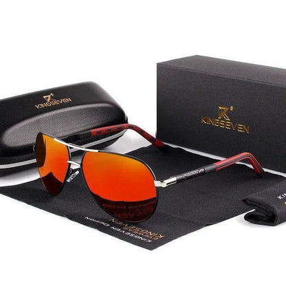 Red polarized aviator sunglasses with silver frames displayed with black carrying case and box
