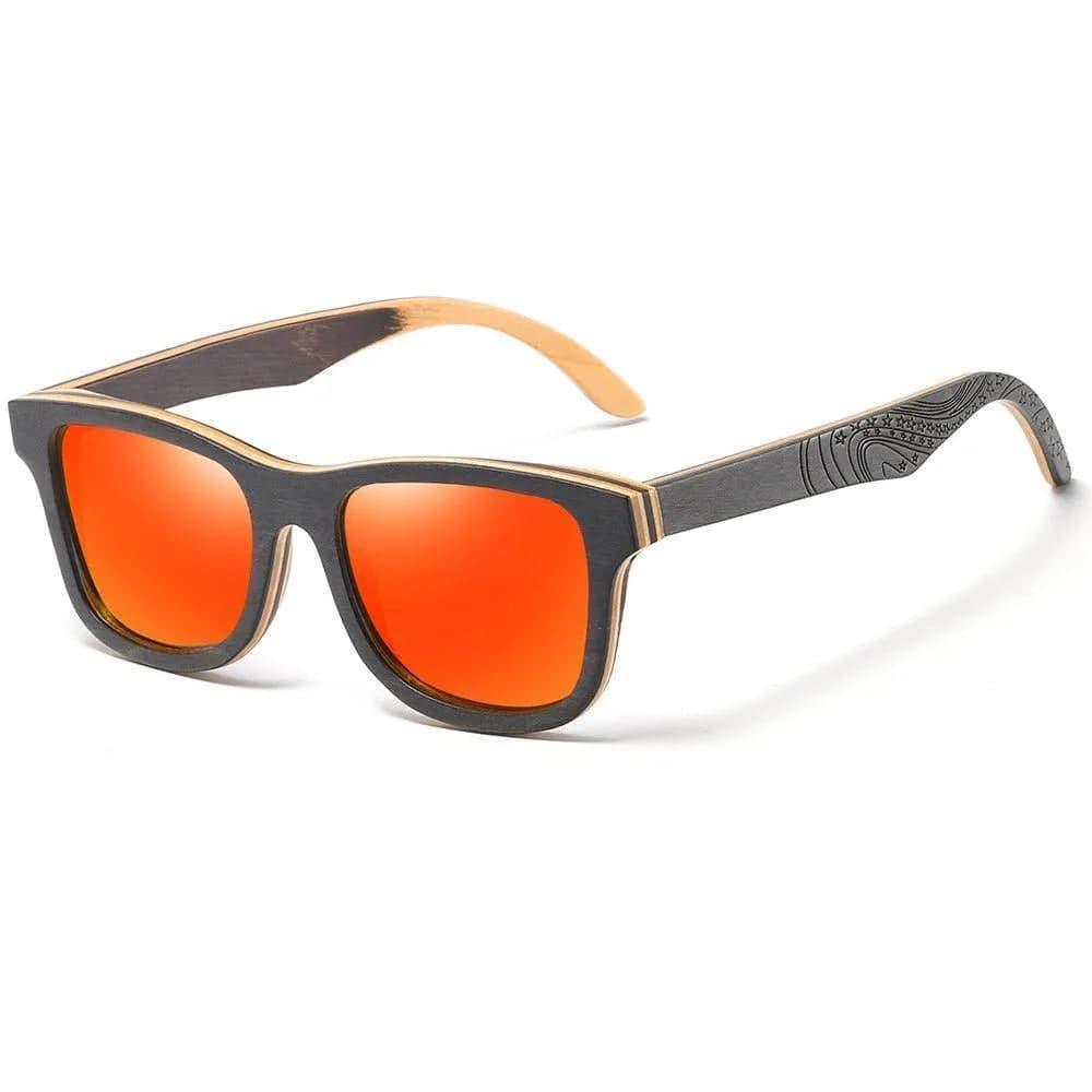 Men's wooden frame sunglasses with orange polarized lenses and engraved design on temples