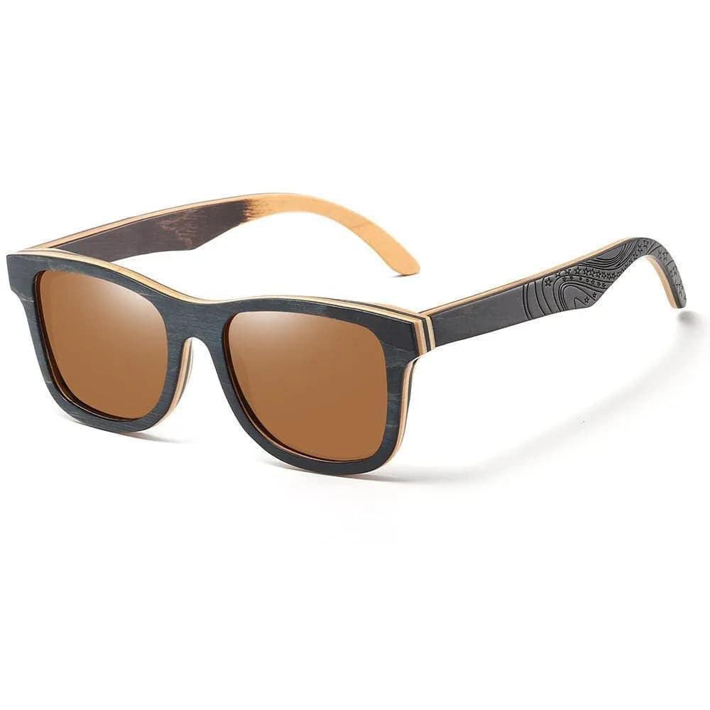 Men's wooden sunglasses with brown polarized lenses and engraved floral patterns on temples