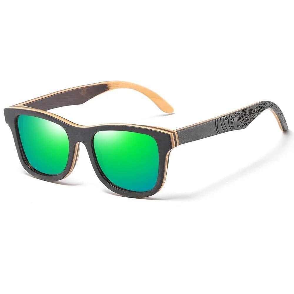 Square frame wooden sunglasses with green polarized lenses and engraved temple design
