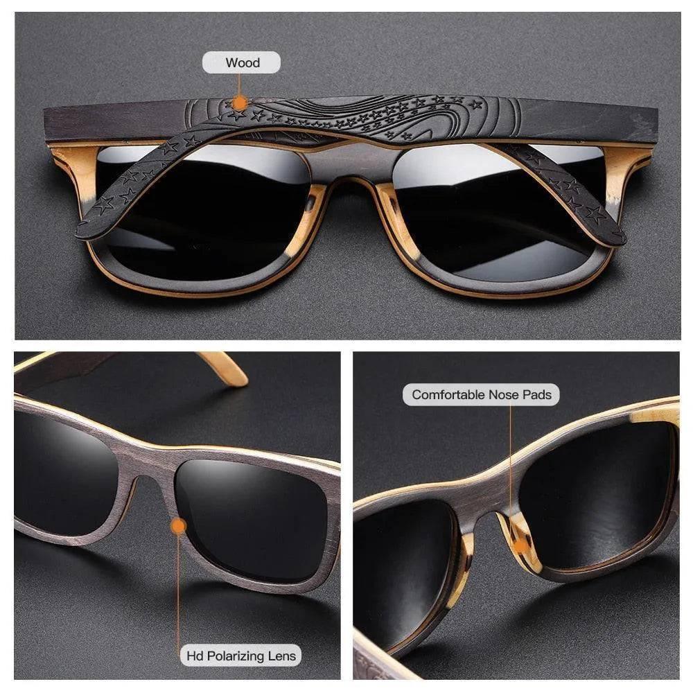 Men's wooden sunglasses with black polarized lenses and carved star details