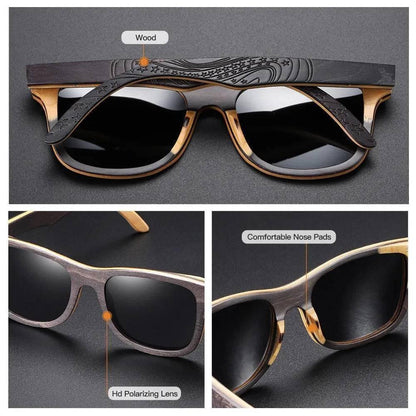 Men's wooden sunglasses with black polarized lenses and carved star details