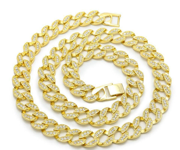 14k Gold Finish Iced Out Full Stone Cuban Chain Necklace