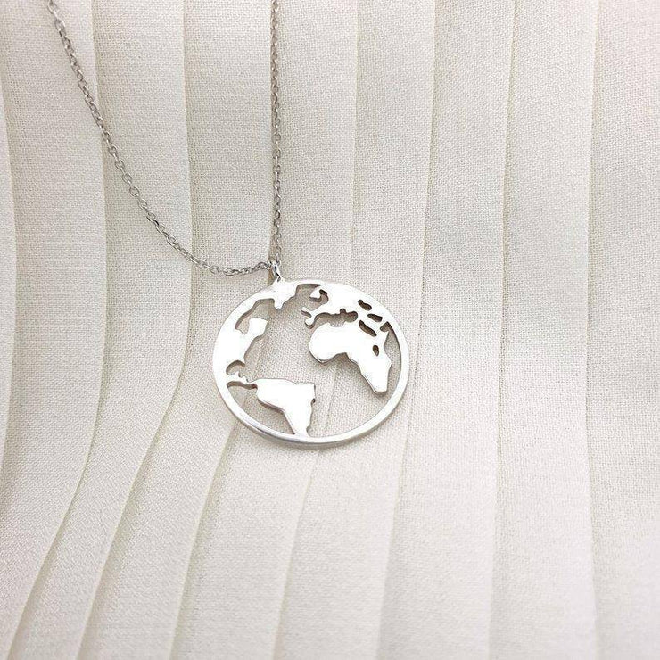 Stainless Steel World Map Necklace Circle Hollow Pendant