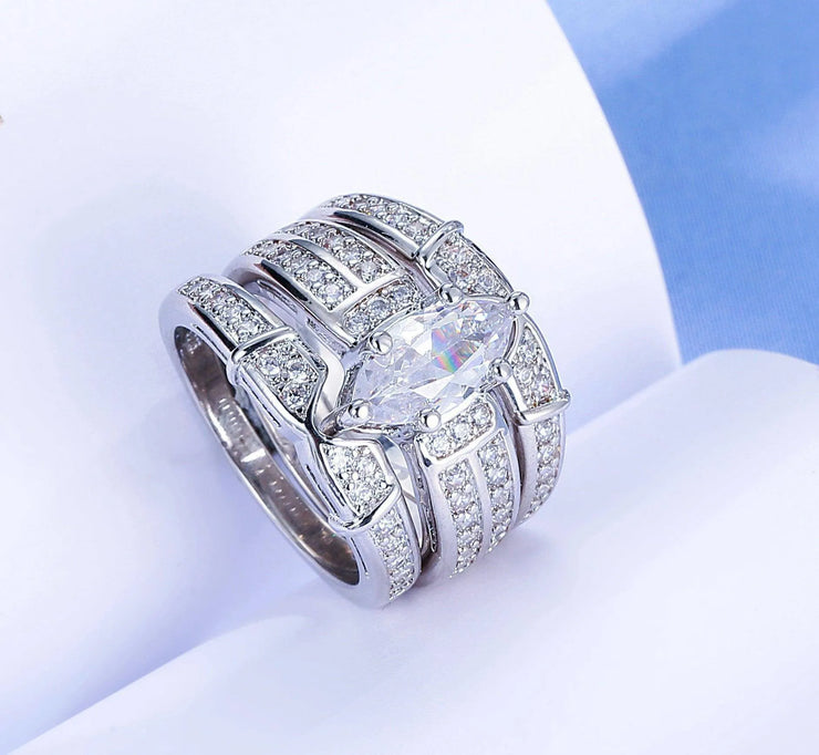 Zircon Diamond Silver Ring Set For Engagement/Promise