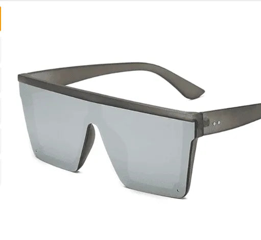 Oversized square fashion sunglasses with gray mirrored lenses and black frame