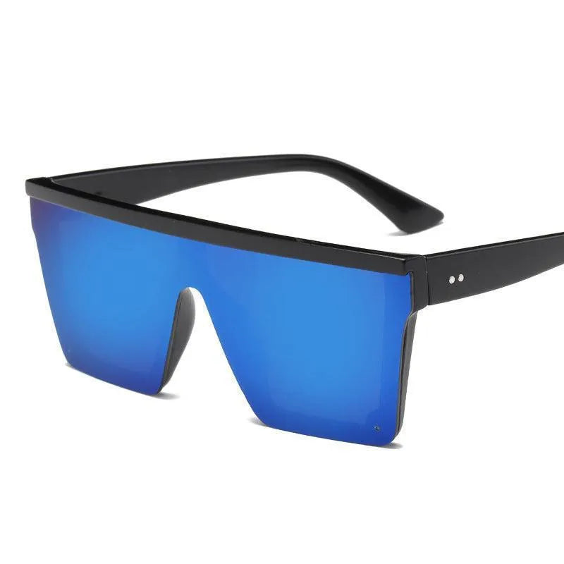 Oversized square fashion sunglasses with black frame and blue mirrored lenses on white background