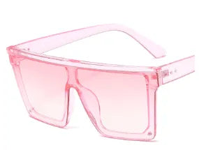 Oversized square fashion sunglasses with translucent pink frame and gradient pink lenses