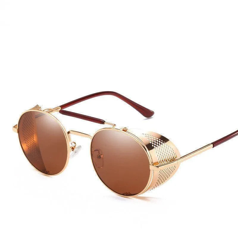 Round steampunk sunglasses with gold metal frame, brown lenses, and side perforated shields