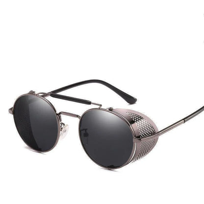 Black grey round retro sunglasses with reflective lenses and metal mesh side shields