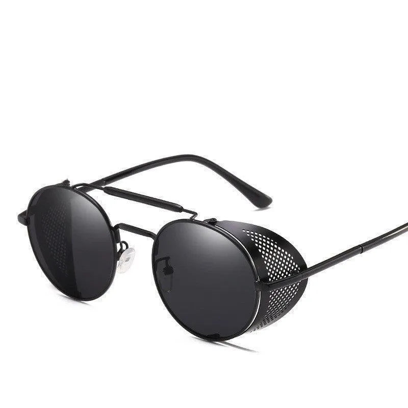 Black round retro sunglasses with dark reflective lenses and perforated side shields