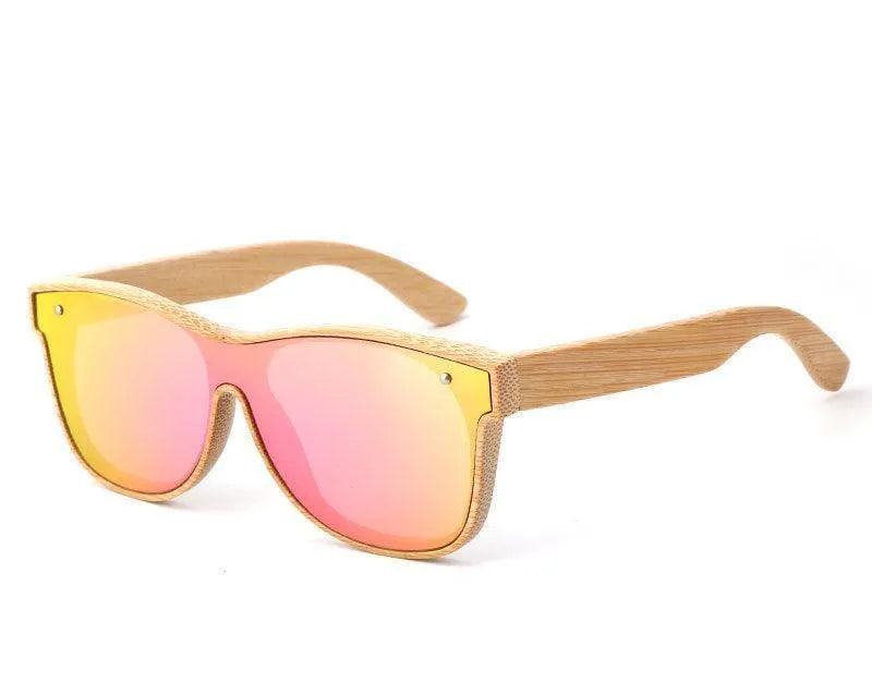 Polarized sunglasses with natural bamboo frame and reflective pink-yellow lenses