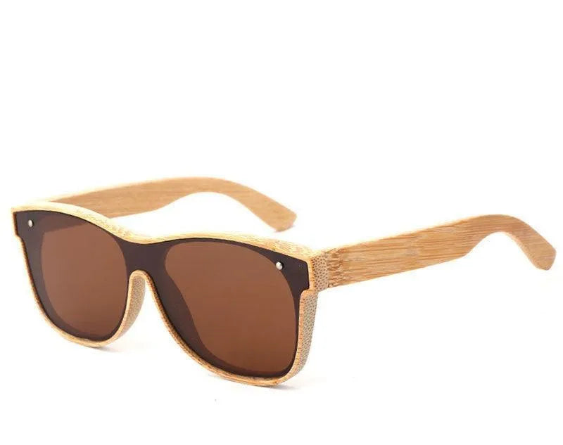 Sunglasses with blue bamboo frame and brown polarized lenses on white background