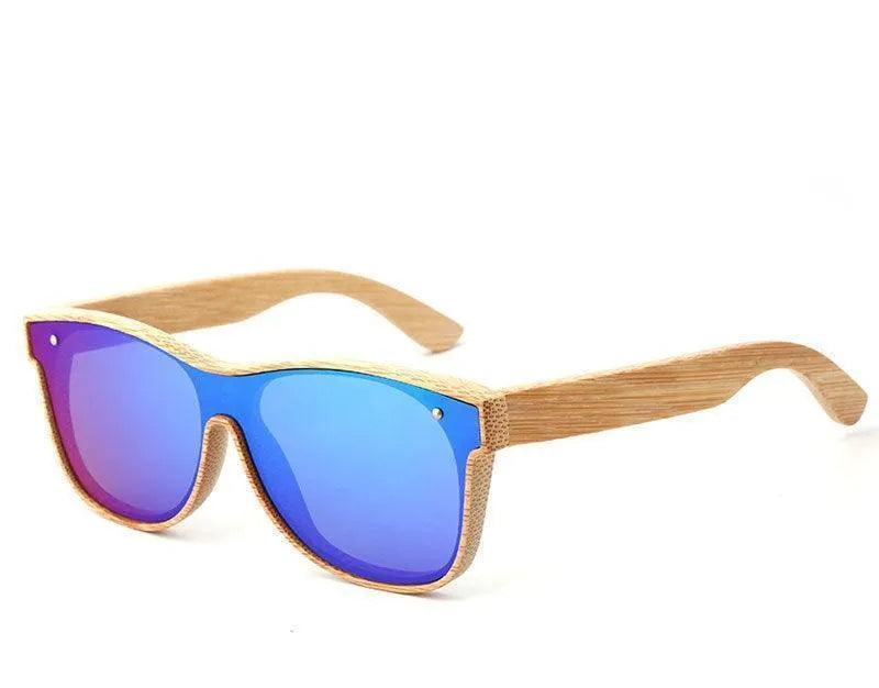 Blue polarized sunglasses with natural bamboo frame on white background