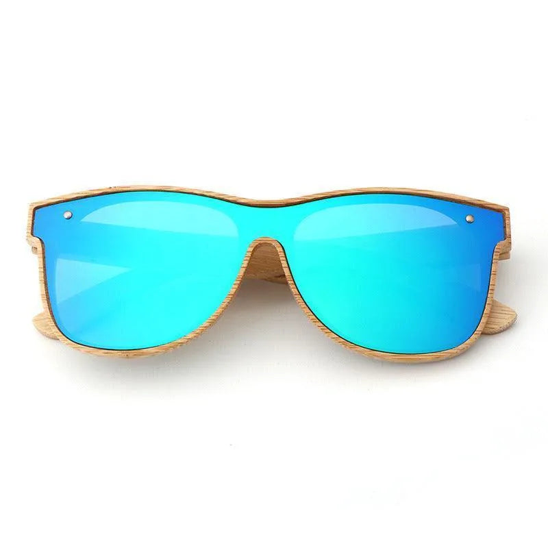 Polarized sunglasses with blue mirrored lenses and natural bamboo wood frame on white background