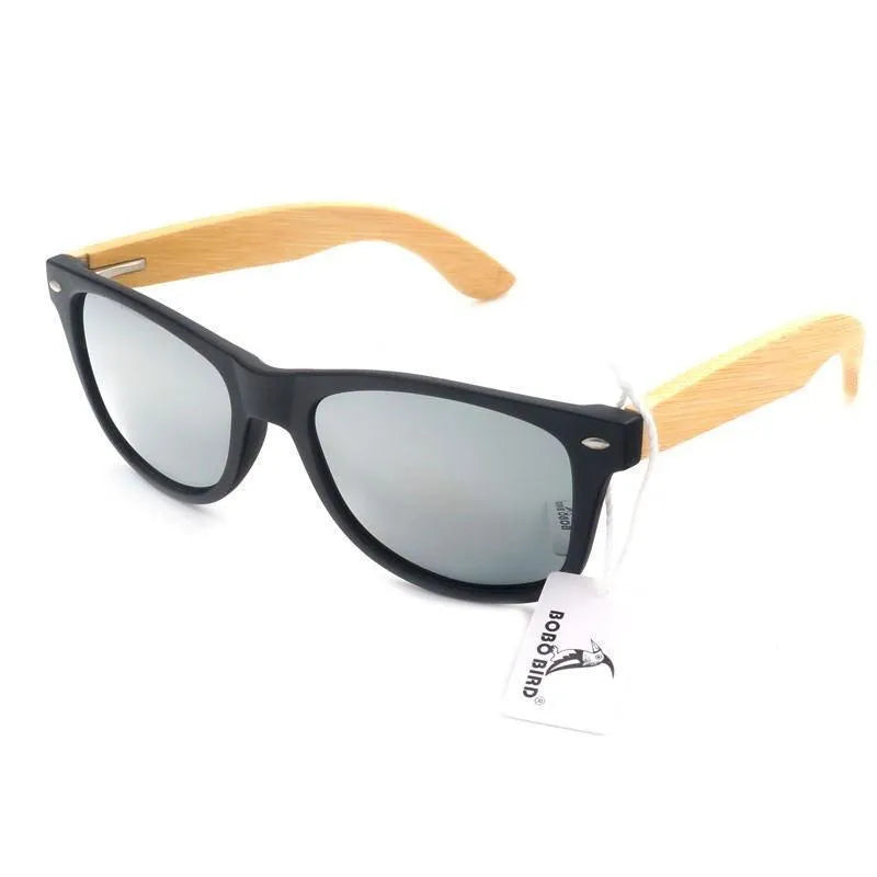 Black frame sunglasses with reflective blue lenses and natural wooden temples on white background