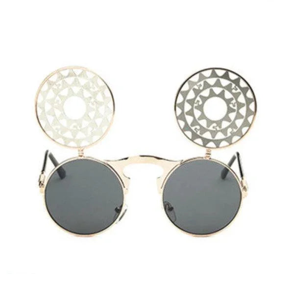 steampunk round sunglasses with black lenses and decorative circular metal patterns on top
