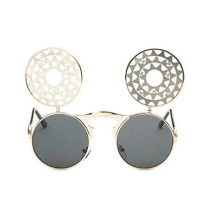 steampunk round sunglasses with black lenses and decorative circular metal patterns on top