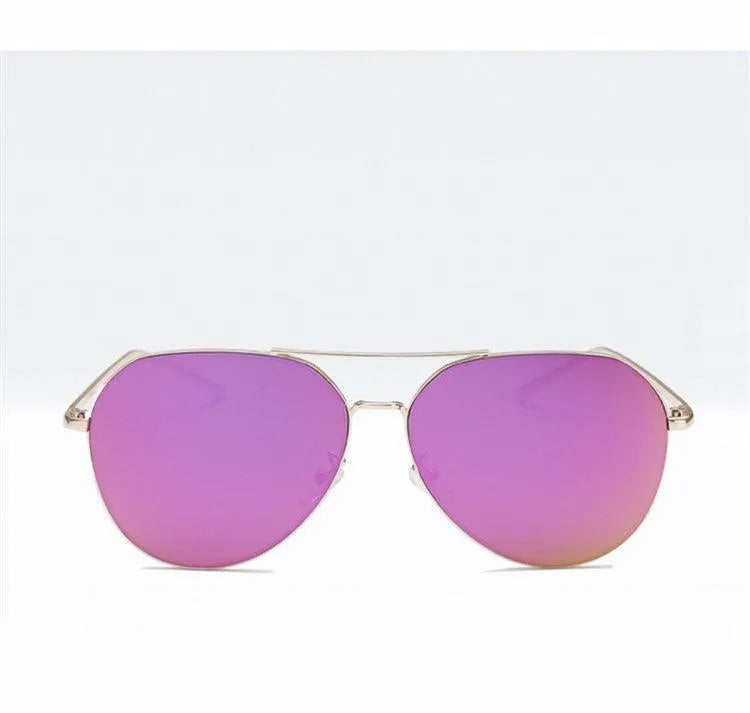Metal aviator sunglasses with purple gradient lenses on white background