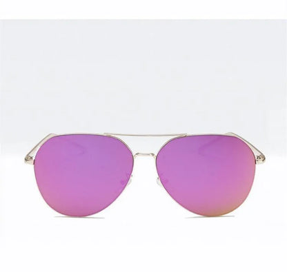 Metal aviator sunglasses with purple gradient lenses on white background