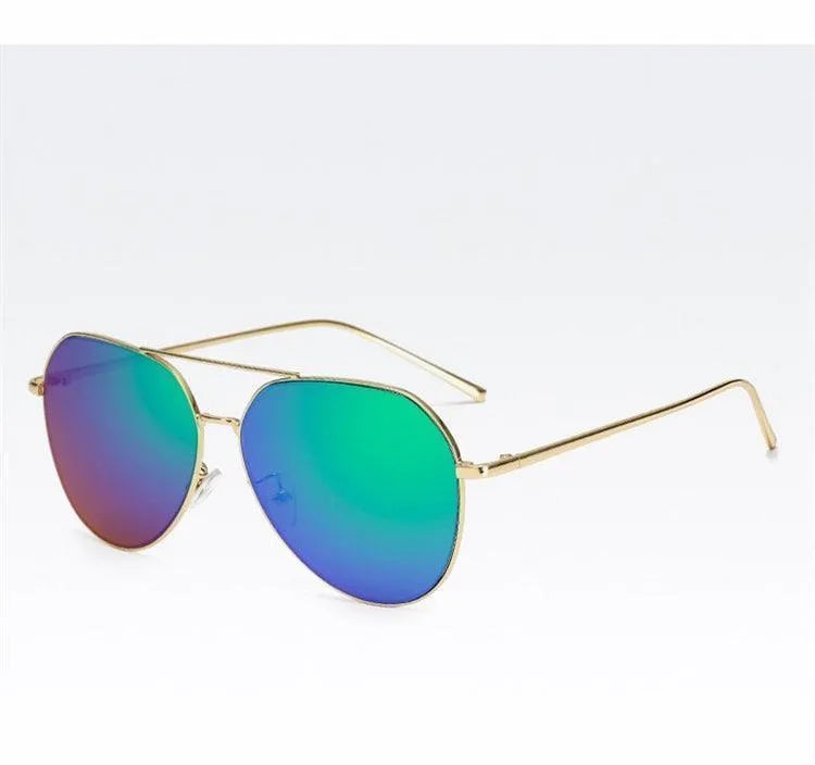 aviator sunglasses with gold metal frame and blue-green mirrored lenses on white background