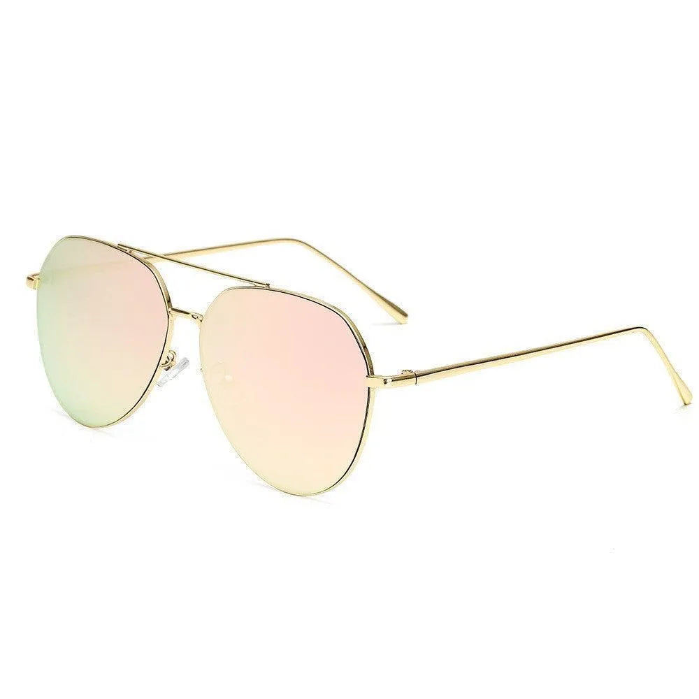 Metal frame aviator sunglasses with pink reflective lenses on white background