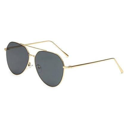 Gold metal frame aviator sunglasses with dark gray lenses on white background