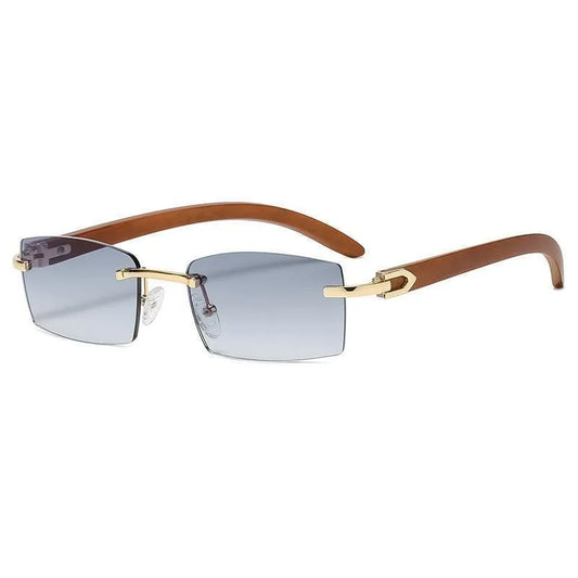 Men's rimless sunglasses with square grey lenses, gold bridge, and brown arms on white background