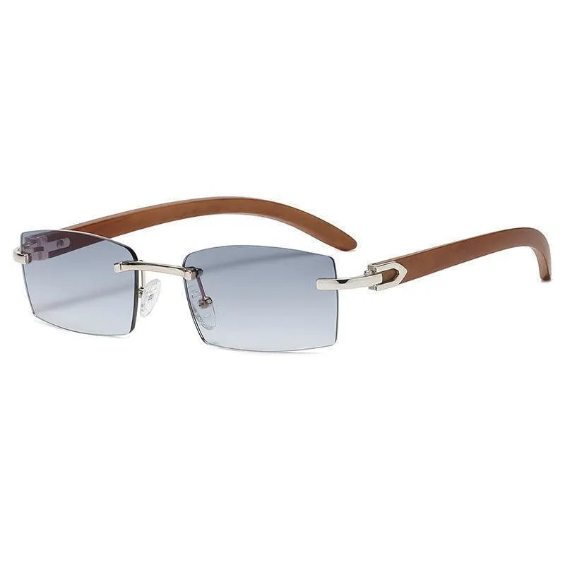 Men's rimless sunglasses with clear double grey lenses and brown arms on white background