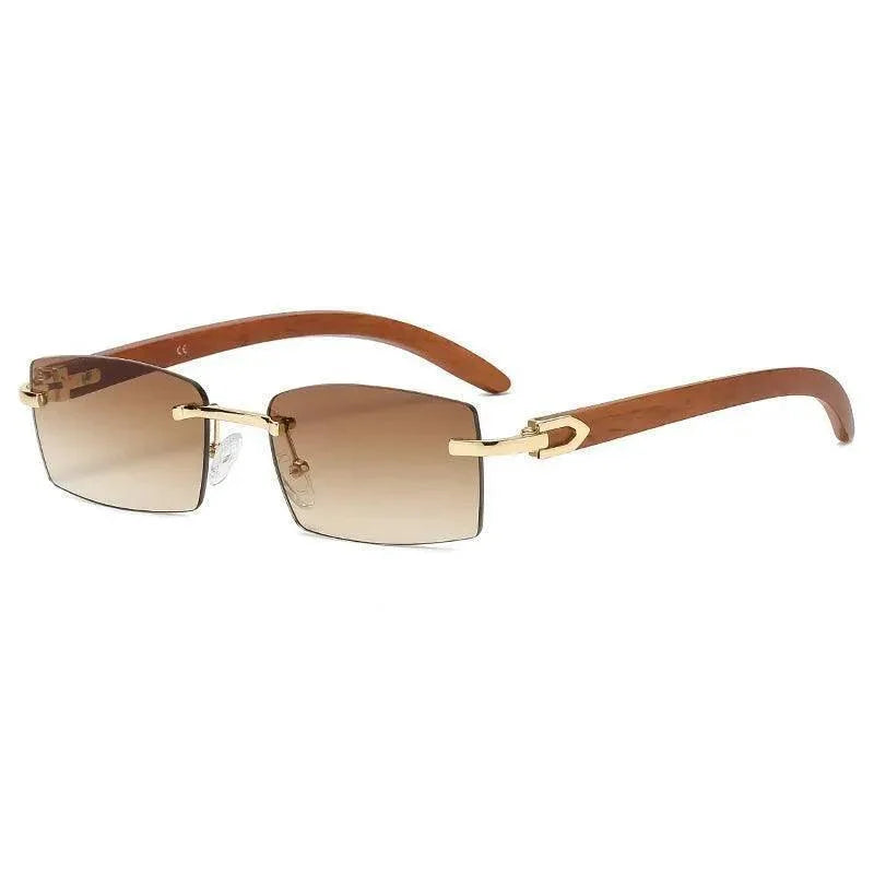Rimless brown gradient sunglasses with gold accents and wood-textured arms for men or women