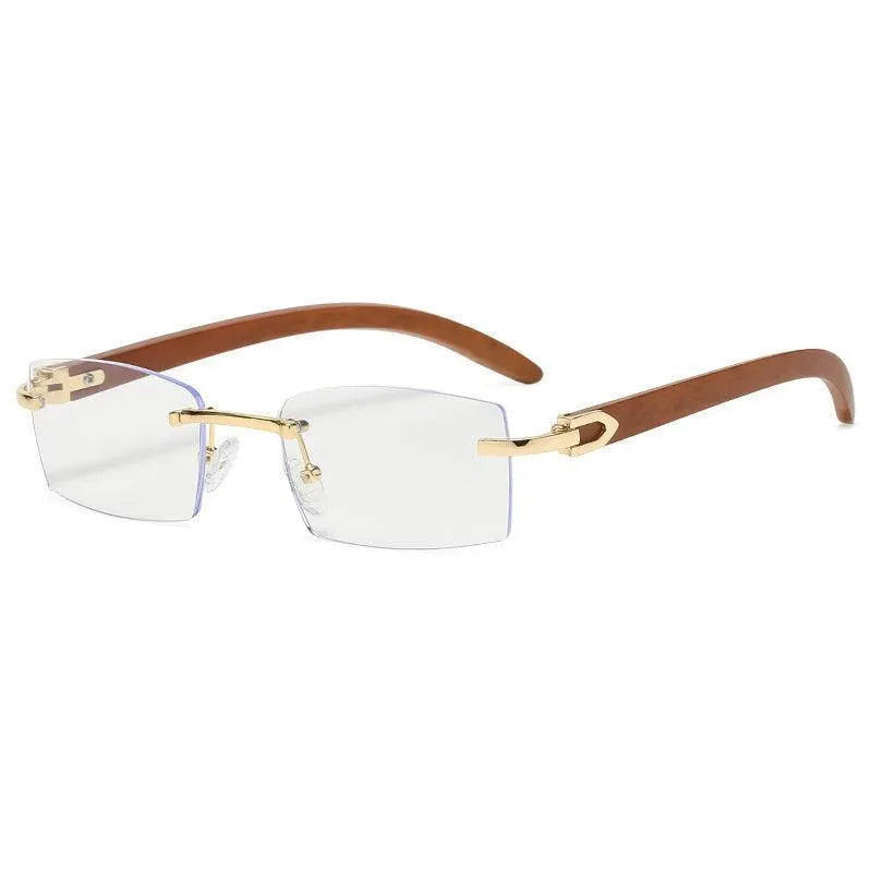 Clear rimless men's sunglasses with gold bridge and brown arms on white background