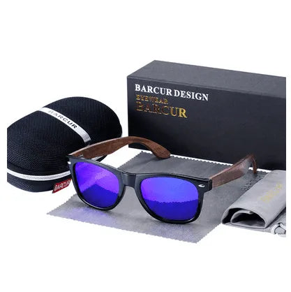 Gloss black sunglasses with blue polarized lenses and wooden arms, displayed with case and cleaning cloth