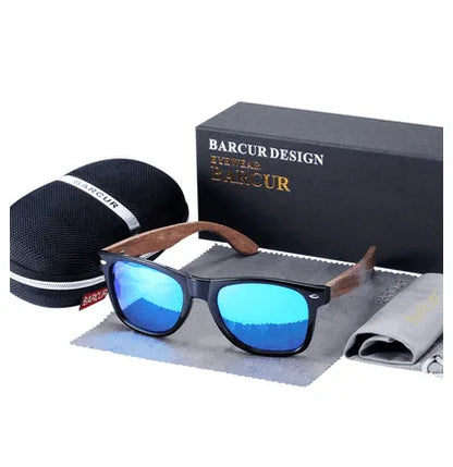 Gloss black sunglasses with blue polarized lenses and wooden temples with black carrying case and cleaning cloth