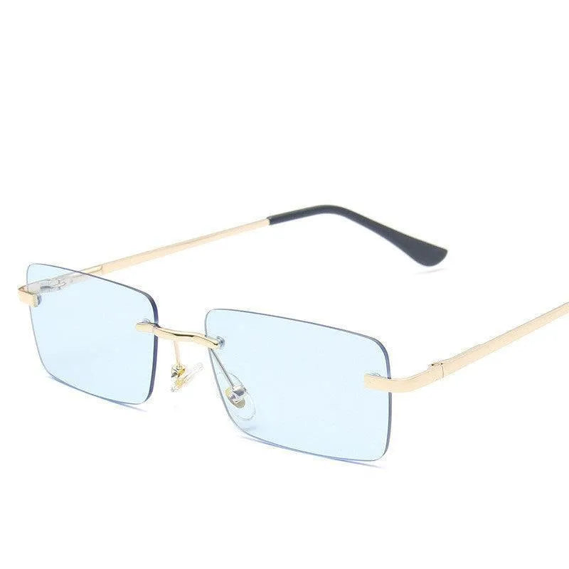 Rimless square sunglasses with light blue lenses and gold thin metal temples