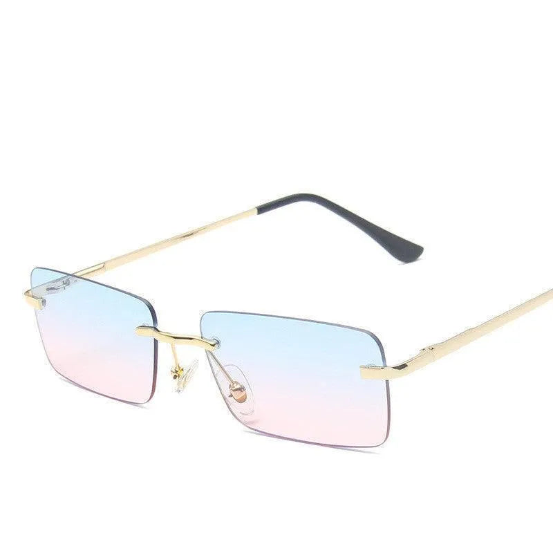Rimless square sunglasses with gold temples and gradient blue-pink lenses