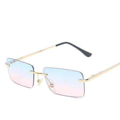 Rimless square sunglasses with gold temples and gradient blue-pink lenses